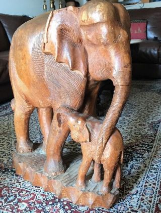 Rare Antique Hand Carved Solid Teak Wood Elephant & Baby 24 " From Thailand 1850