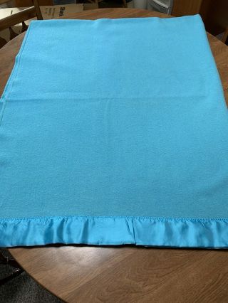 Vtg Pendleton Wool Blanket Blue Satin Ends Turquoise 91x74