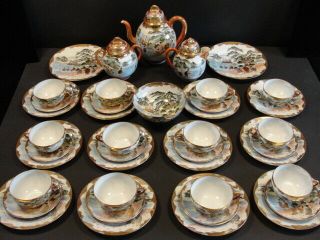 Antique Japanese Hand Painted And Signed Porcelain Satsuma Tea Set For 12
