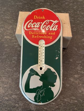 Vintage 1939 Coca Cola Soda Pop Gas Station 16 " Embossed Metal Thermometer Sign