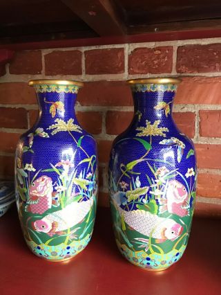 Antique Chinese Cloisonne Vases With Goldfish Design 11 1/4 " High