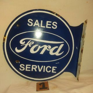 Vintage Ford Sales And Service Porcelain Enamel Double Side Flange Sign