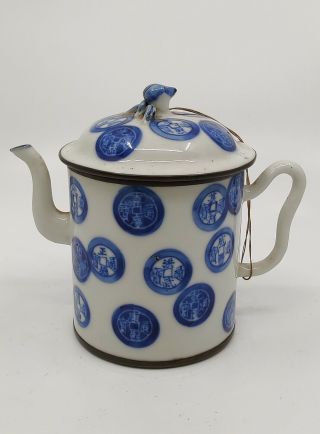 19th Century Chinese Export Teapot With Pewter Rim And Chinese Coins Decoration