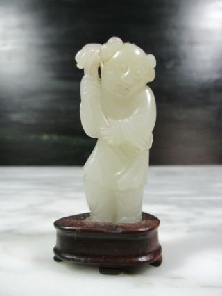 Antique Chinese Ming Period Carved Mutton Fat Hetian Jade Figure Statue On Stand