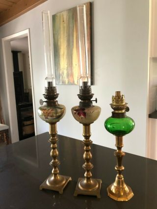 Set Of 3 Vintage Hand Painted Oil Kerosene Glass Lamps With Brass Candlesticks