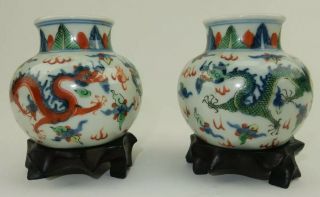 Pair Off Antique Chinese Wucai Dragon Vases Kangxi Marked.
