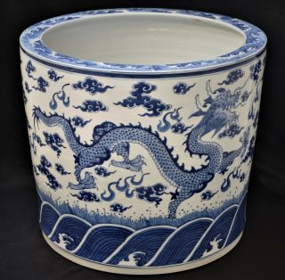 19th Century Antique Chinese Porcelain Dragon Blue And White Planter,  Bowl,  Vase