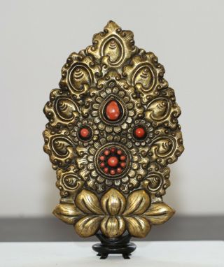 Antique Chinese Tibetan Gilt Bronze & Corral Buddhist Jewel,  18th Century,  Qing.