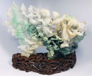 Antique 1920s Chinese Hand - Carved Jade Sculpture on Custom Wood Base 3