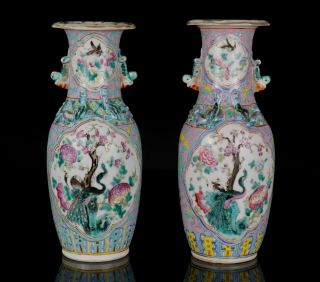 FINE PAIR Antique Chinese Peranakan Nyonya Straits Famille Rose Phoenix Vases 2