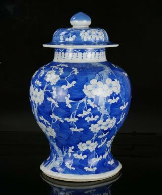 LARG Antique Chinese Blue and White Porcelain Prunus Blossom Temple Vase & Cover 3