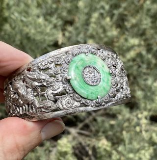 Antique Chinese Export Silver Jade Dragon Bracelet Qing Jadeite Bi Disc Marked