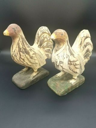 Set Of 2 Vintage Hand Carved Painted Wood Rooster / Chicken Sculpture Statue