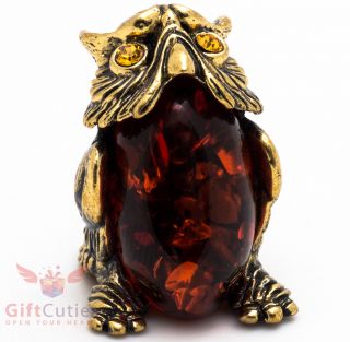 Solid Brass Amber Figurine Of The Wise Owl Bird Ironwork