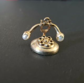 Vintage 14k Gold Charm Old Style Telephone W/moveable Dial And 2 Pearls 1 "
