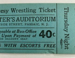 Vintage 1936 Wrestling Full Ticket Kanter ' s Auditorium Monroe Street Passaic N.  J 3