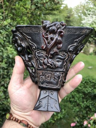 Antique Chinese Carved Signed Horn Libation Cup
