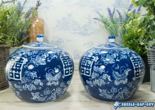 Antique Chinese Blue White Porcelain Double Happiness Jars