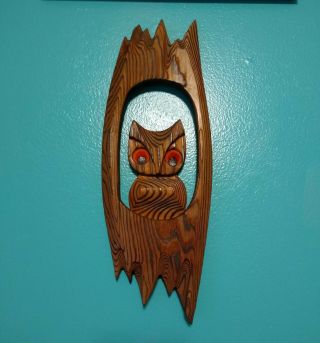 Vintage Witco Carved Wood Owl Mcm Tiki 1960 - 70s Wall Decor Big Felt Eyes
