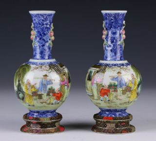 Pair Chinese Antique Blue & White Famille Rose Porcelain Vases,  Qianlong Mark