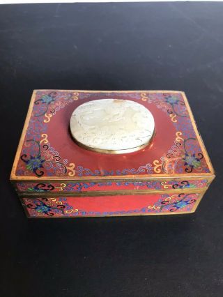 Antique Chinese Cloisonné Box With Carved Jade Inlay On Lid