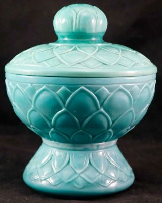 Carved Peking Glass Footed Covered Bowl / Jar & Lid Lotus Petal Turquoise Signed