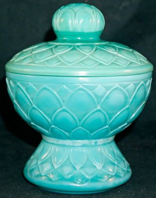 Carved Peking Glass Footed Covered Bowl / Jar & Lid Lotus Petal Turquoise Signed 2
