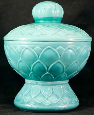 Carved Peking Glass Footed Covered Bowl / Jar & Lid Lotus Petal Turquoise Signed 3
