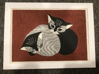 Vintage Kaoru Kawano Japanese Woodblock Print Kittens Signed