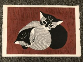 Vintage Kaoru Kawano Japanese Woodblock Print Kittens Signed 2