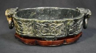 Carved Chinese Spinach Jade Center Bowl On Rosewood Stand
