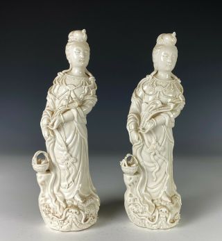 Antique Chinese Blanc De Chine Porcelain Statues Of Standing Figures