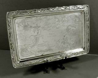Chinese Export Silver Dragon Tray  Luenwo - Hand Decorated