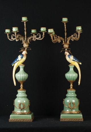 Pair Large French Porcelain Parrot Candelabras Candles