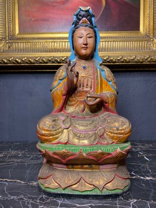 A Fine Large Polychrome Carved Wood Statue Of Kwan Yin Buddha