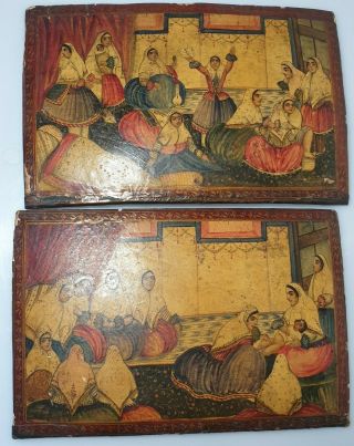 A Rare 18th C Islamic Persian Qajar Painted & Lacquer Book Covers.  Birth