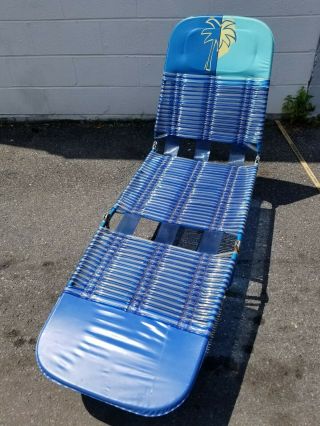 Vintage Folding Lawn Chaise Lounge Chair Deck Pool Vinyl Tube Plastic Blue Palms
