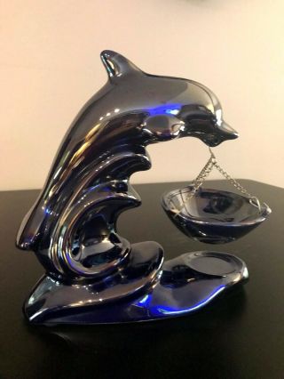 Cobalt Blue Ceramic Dolphin Figurine Oil Diffuser / Wax Burner Candle Holder