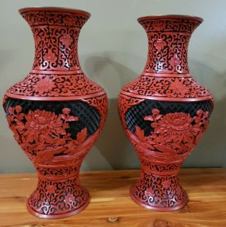 Vtg Chinese Cinnabar Red/ Black 13” Vases Lacquerware Carved Floral Blue Enamel