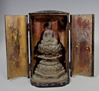 Fine Japan Japanese Carved Wood Figure Of The Buddha In Zushi Case Ca.  19 - 20th C