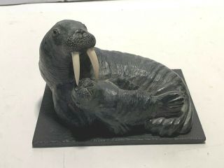 Wolf Soap Stone Sculpture Carved Walrus With Pup Hand Made In Canada