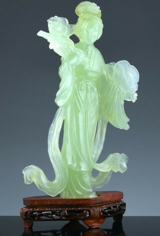 Large Chinese Carved Jade Hardstone Imperial Attendant Immortal Guanyin W Fan