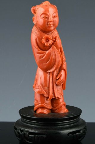 Fine Antique Chinese Carved Natural Salmon Orange Coral Boy With Flower Figure