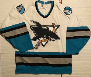 Vtg Men’s Ccm San Jose Sharks Hockey Authentic Game Weight Strap Jersey Size 44