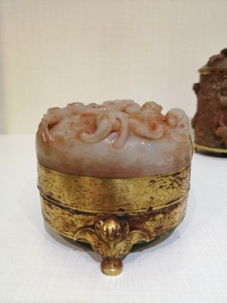 Chinese Gilt Bronze Ink Stones Jade Lid Carving Dragon Boxes