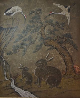 Very Fine Early 1900 Korean Folk Art Minhwa Hand Painting 2 Rabbits & 2 Cranes