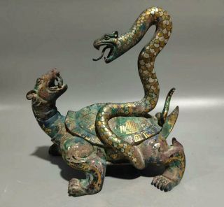 10.  8 " China Ancient Bronze Sculpture Animal Old Bronze Turtle Snake Statue Ljt