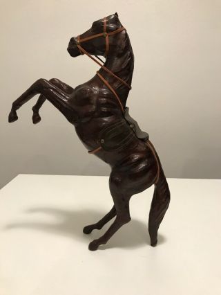 Vintage Leather Horse Figurine Tall Equestrian Brown Hand Crafted Statue Rearing