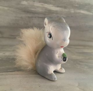 Vintage Enesco Gray Squirrel Figurines With Bushy Fur Tail Hair Japan 1950 