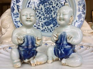 Chinese Antique 18th C Porcelain Rare Seated Boys Blue White Figures
